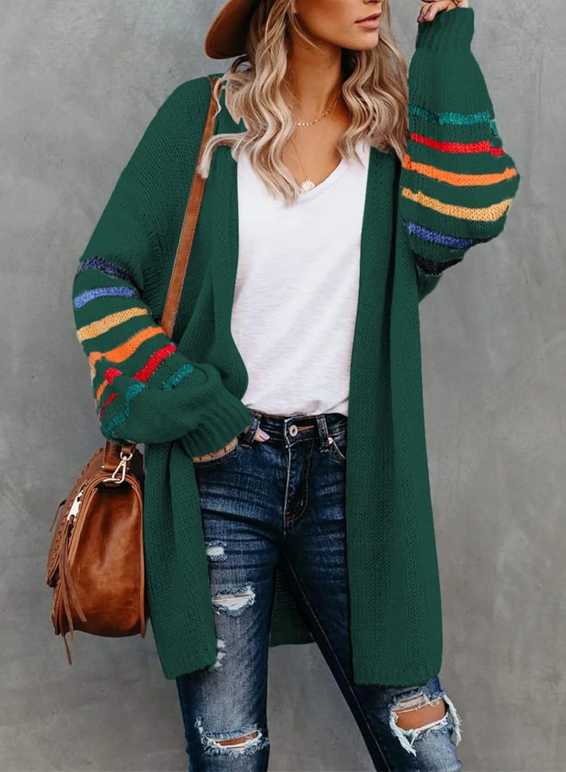 Dokotoo Women's Long Open Front Cardigans Striped Color Block Loose Knit Sweaters Outwear Coat