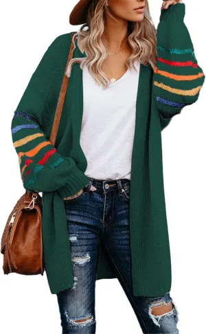 Dokotoo Women's Long Open Front Cardigans Striped Color Block Loose Knit Sweaters Outwear Coat