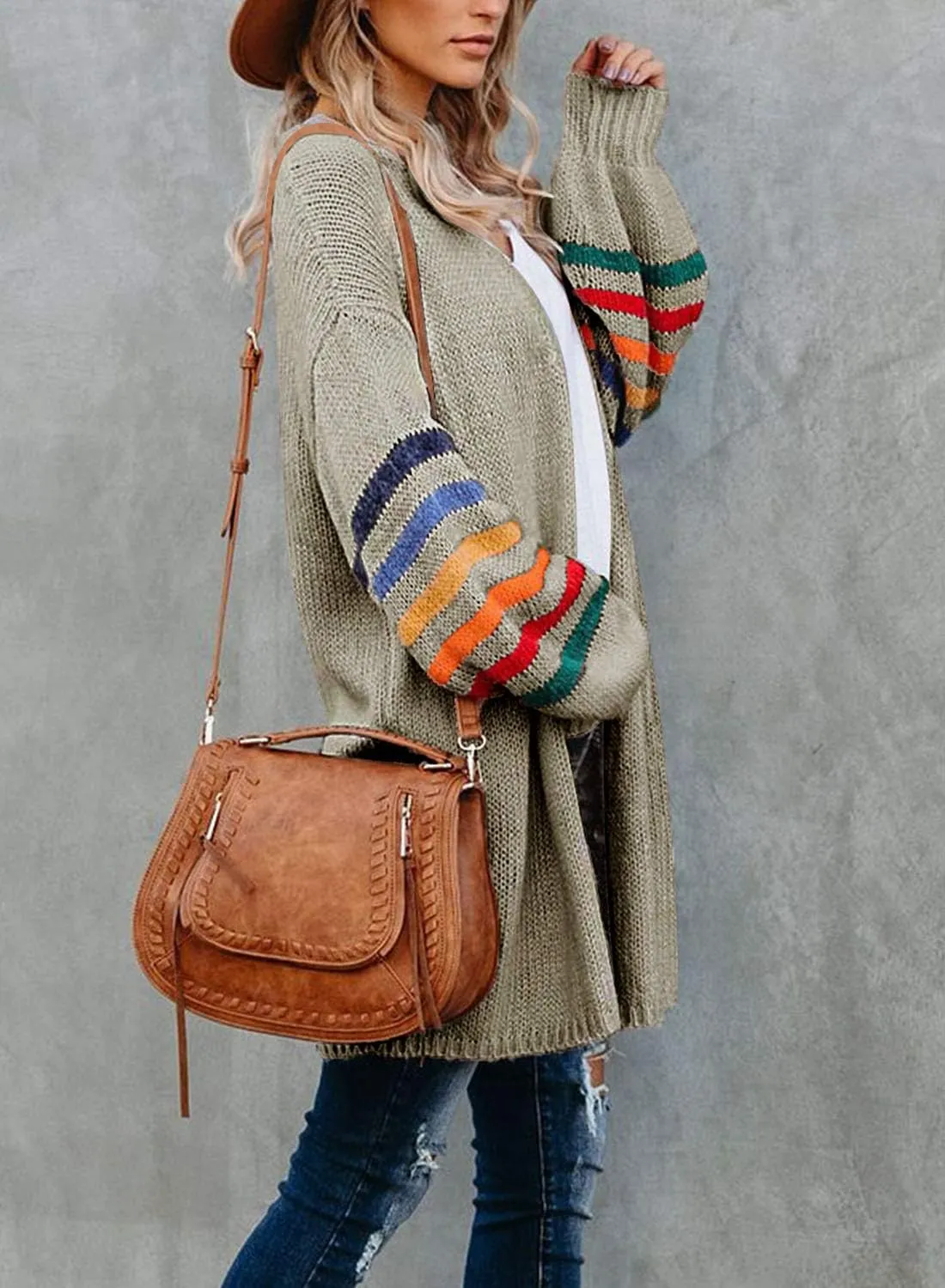 Dokotoo Women's Long Open Front Cardigans Striped Color Block Loose Knit Sweaters Outwear Coat