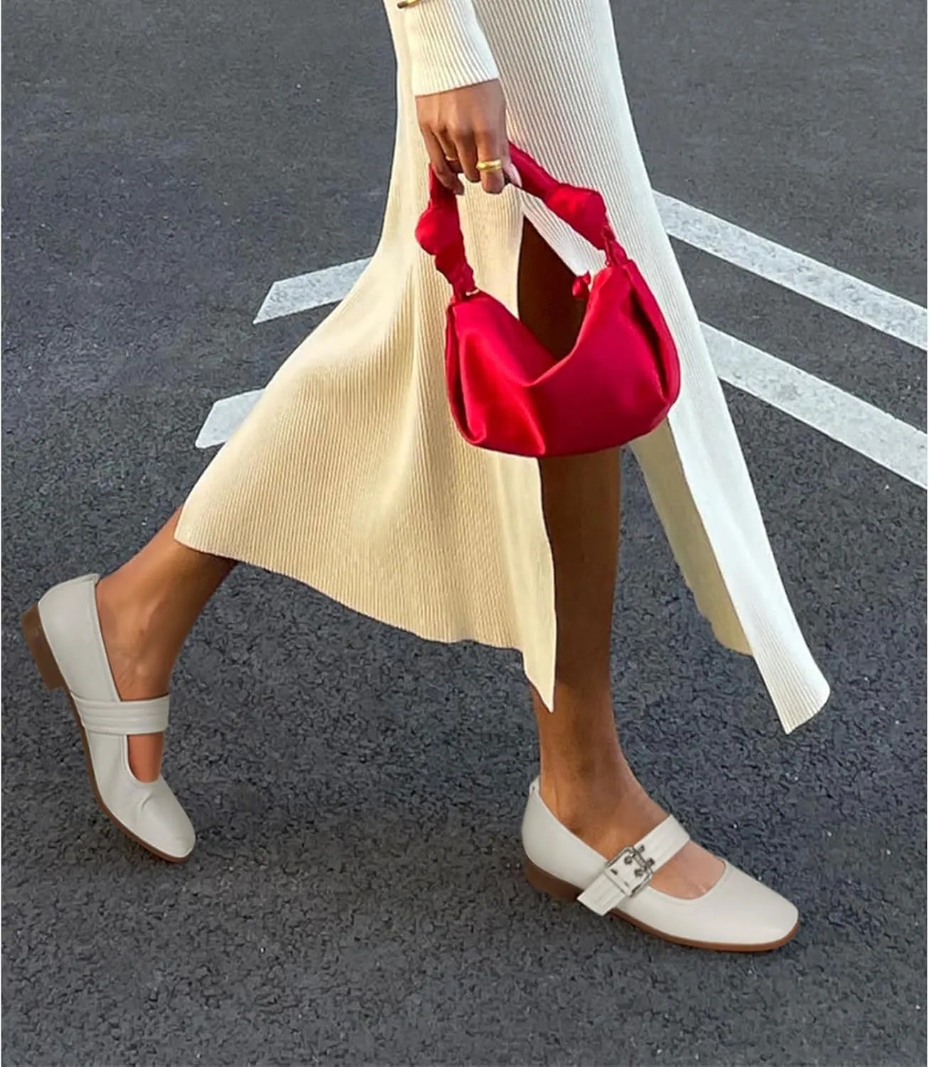 Dsevht Mary Janes Flats for Women Fashion Square Toe Flat Low Heel Easy Buckle Strap Flats Shoes