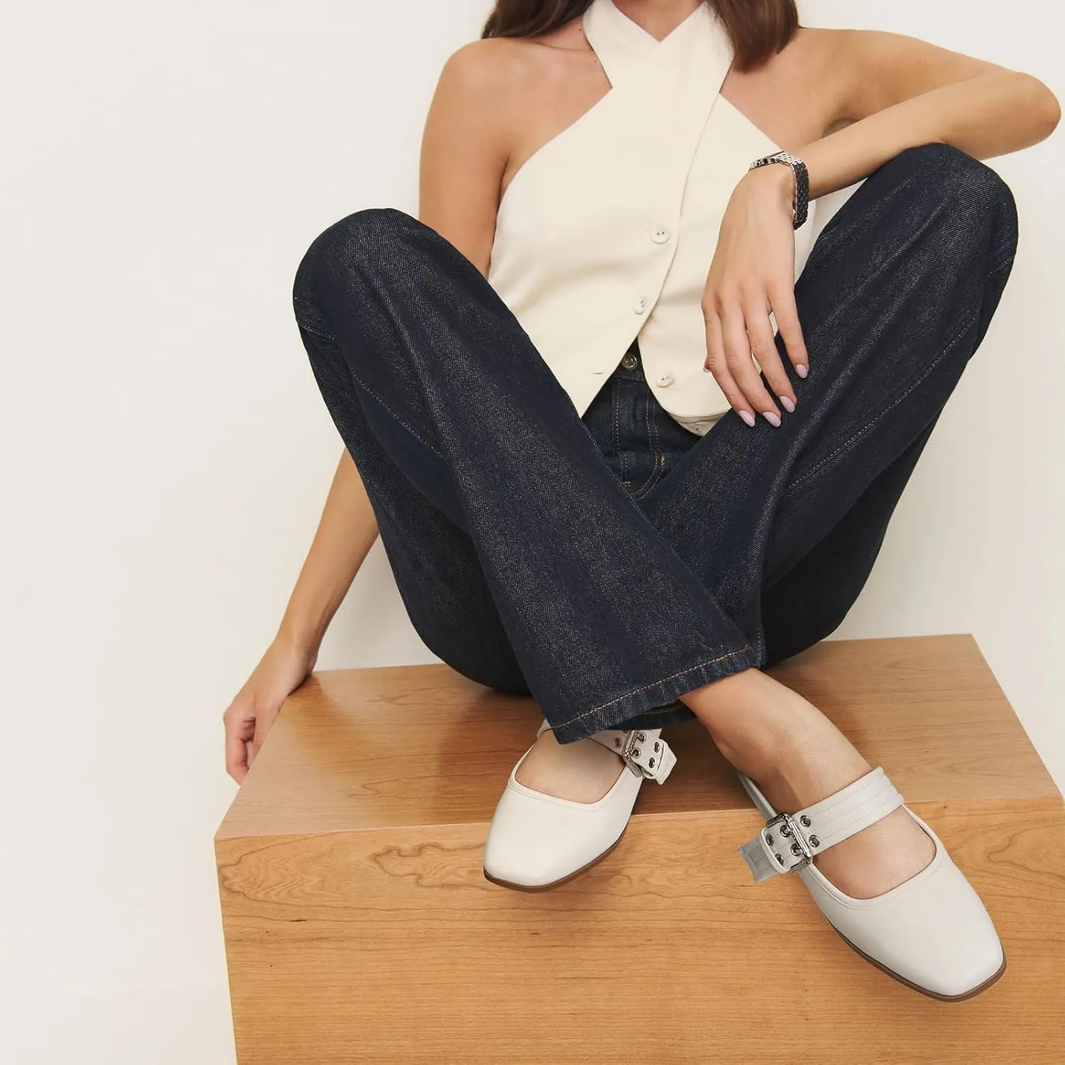 Dsevht Mary Janes Flats for Women Fashion Square Toe Flat Low Heel Easy Buckle Strap Flats Shoes