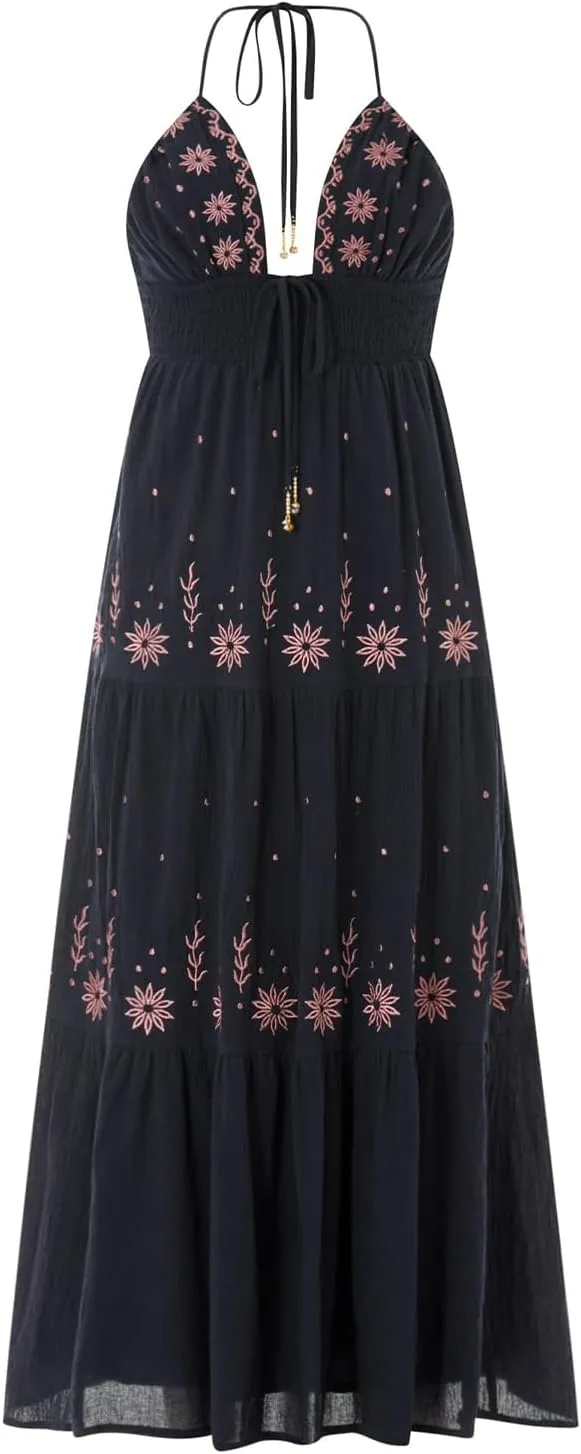 ebossy Women's Summer Boho Embroidered Daisy Maxi Dress Halter Shirred V Neck Backless Flowy Vacation Beach Sundress