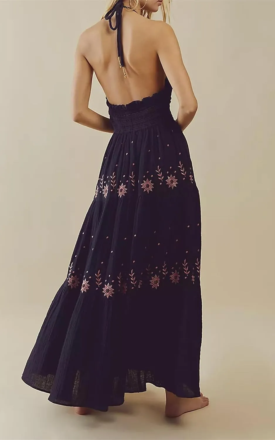 ebossy Women's Summer Boho Embroidered Daisy Maxi Dress Halter Shirred V Neck Backless Flowy Vacation Beach Sundress