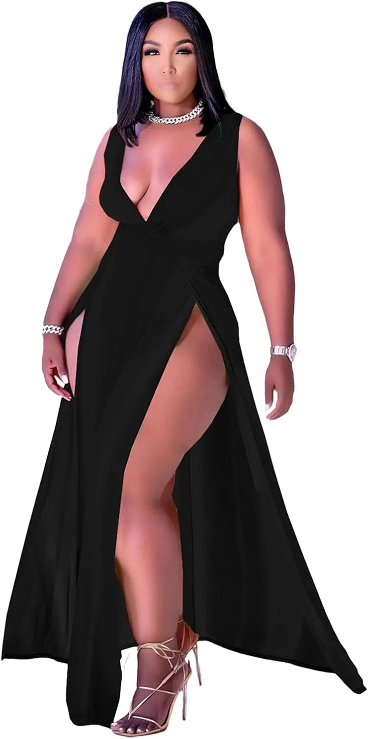 Ekaliy Women's Plus Size Sleeveless Deep V Neck Front Split Long Maxi Wrap Dress