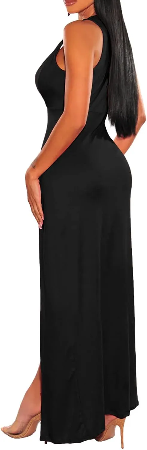 Ekaliy Women's Plus Size Sleeveless Deep V Neck Front Split Long Maxi Wrap Dress