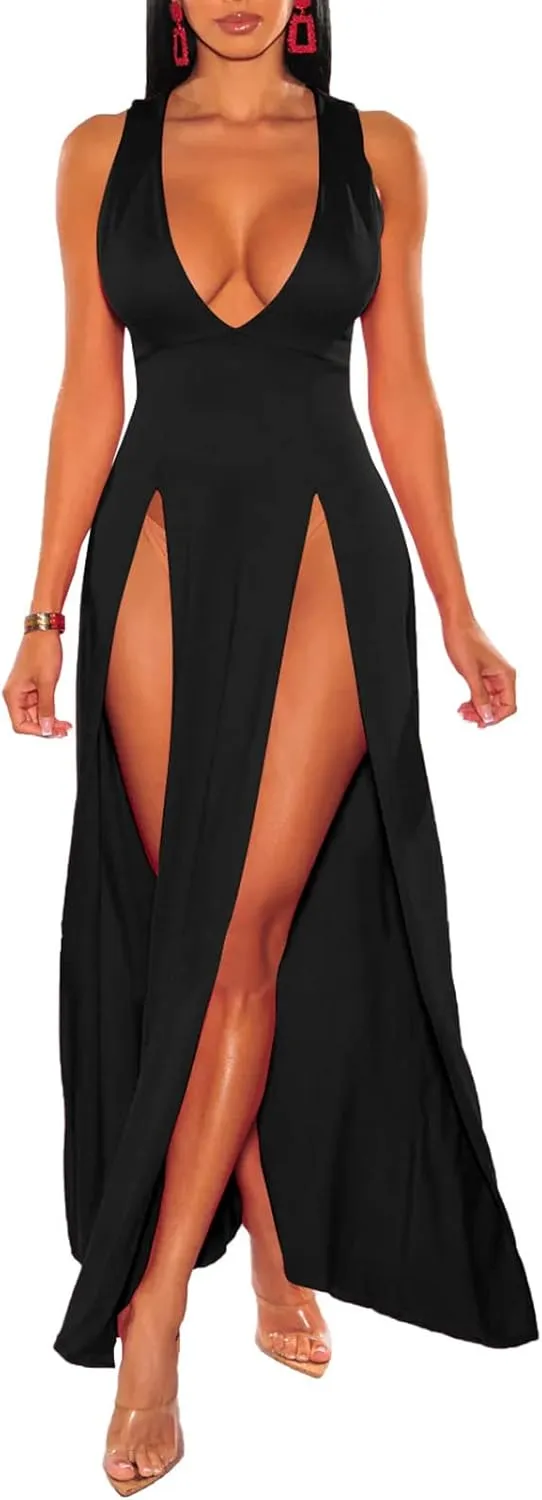 Ekaliy Women's Plus Size Sleeveless Deep V Neck Front Split Long Maxi Wrap Dress