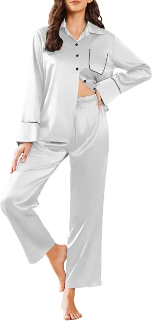 Ekouaer Silk Pajamas for Women Satin Pajama Sets Button Down Lounge Sets Silky Pajama Long Pants Sleepwear with Pockets