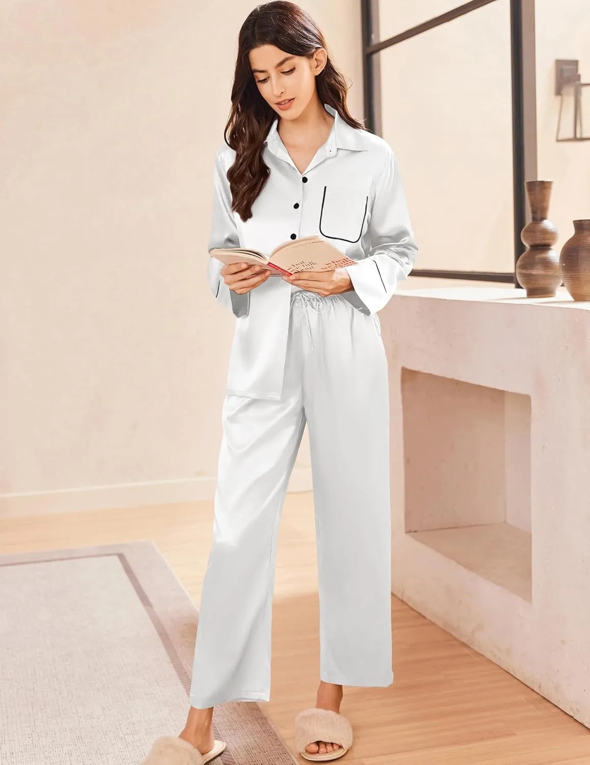 Ekouaer Silk Pajamas for Women Satin Pajama Sets Button Down Lounge Sets Silky Pajama Long Pants Sleepwear with Pockets