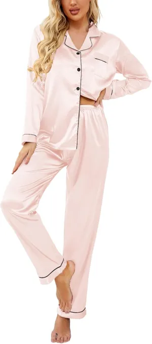 Ekouaer Women's Classic Button Down Long Satin Silk Pajama Set