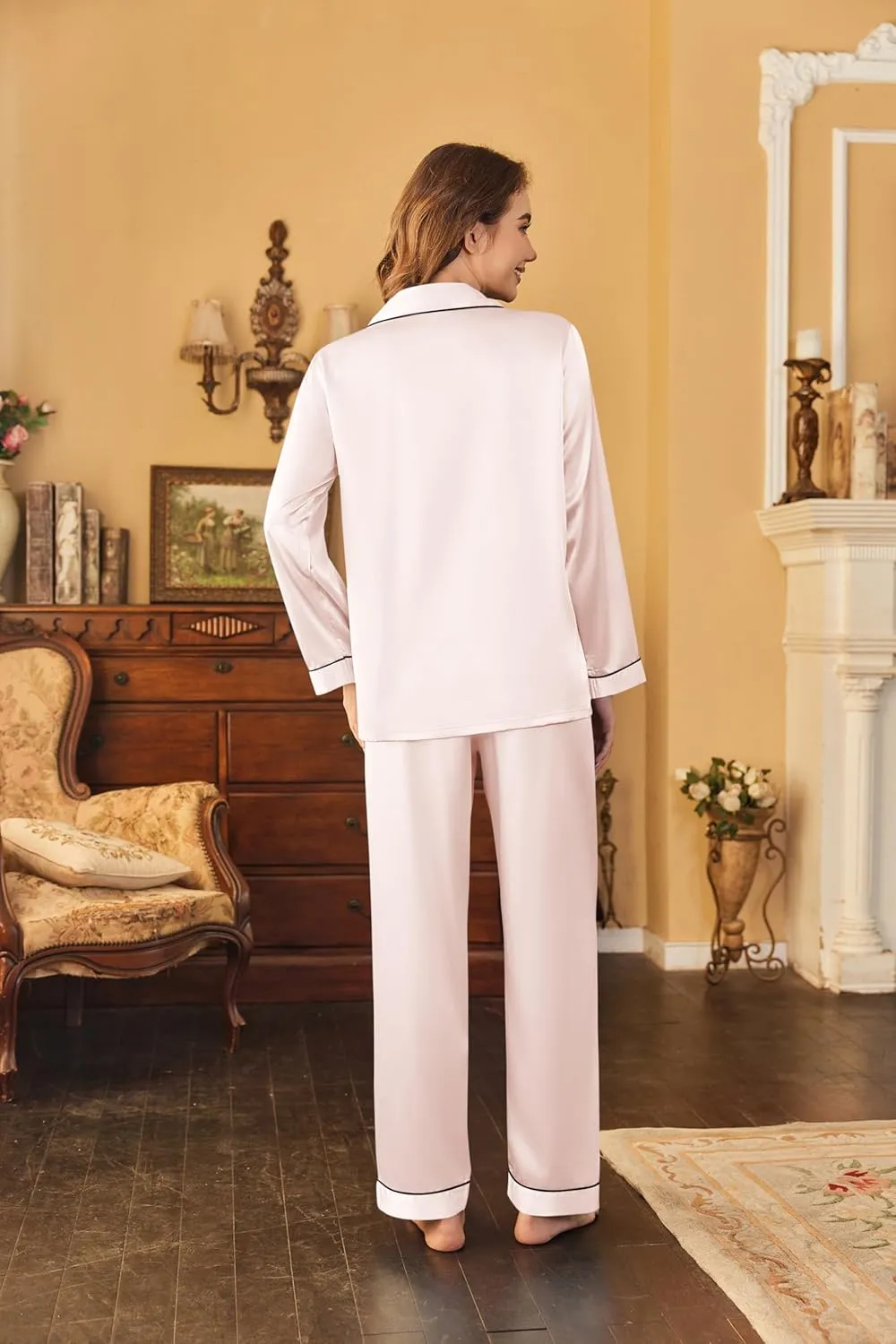Ekouaer Women's Classic Button Down Long Satin Silk Pajama Set