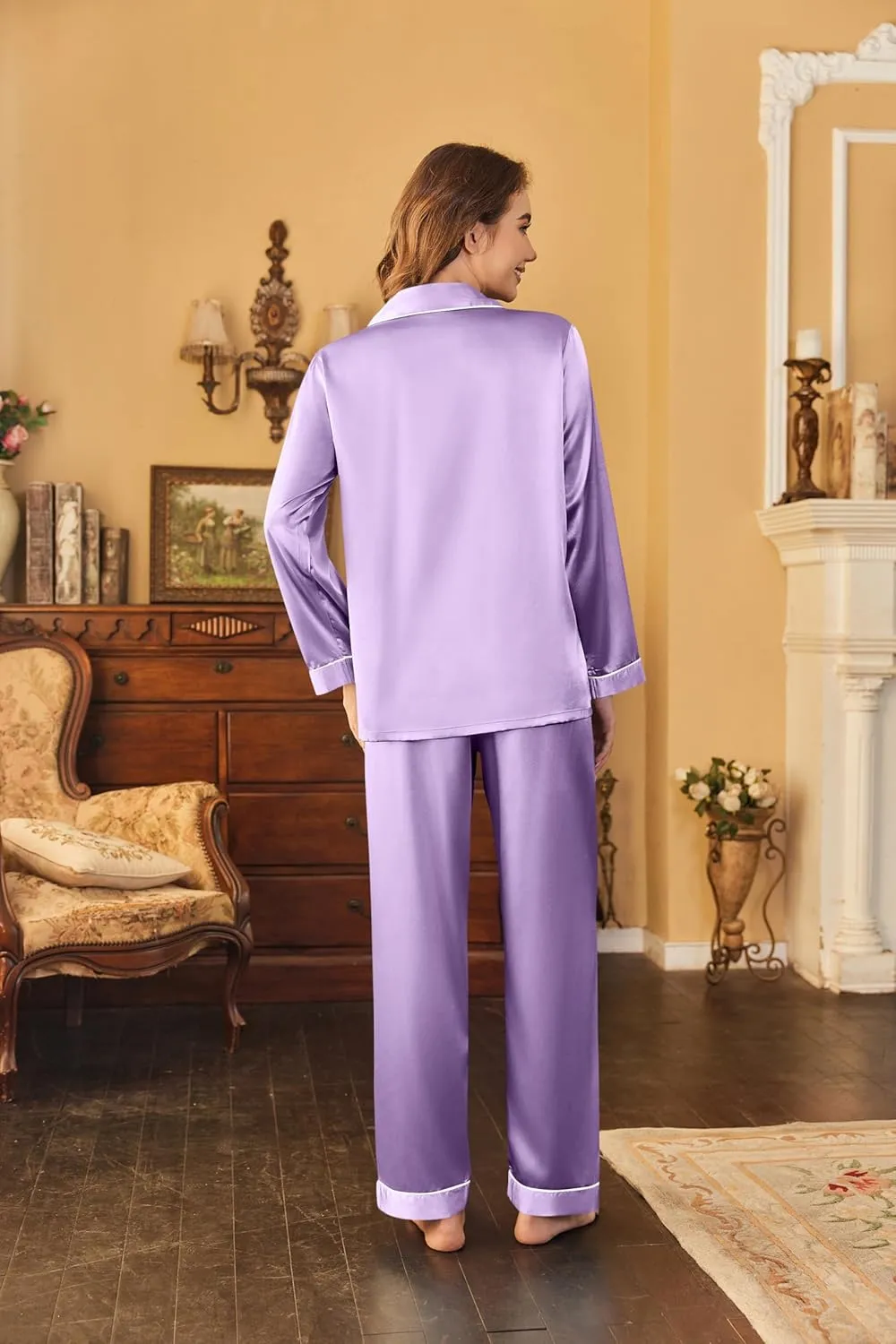 Ekouaer Women's Classic Button Down Long Satin Silk Pajama Set