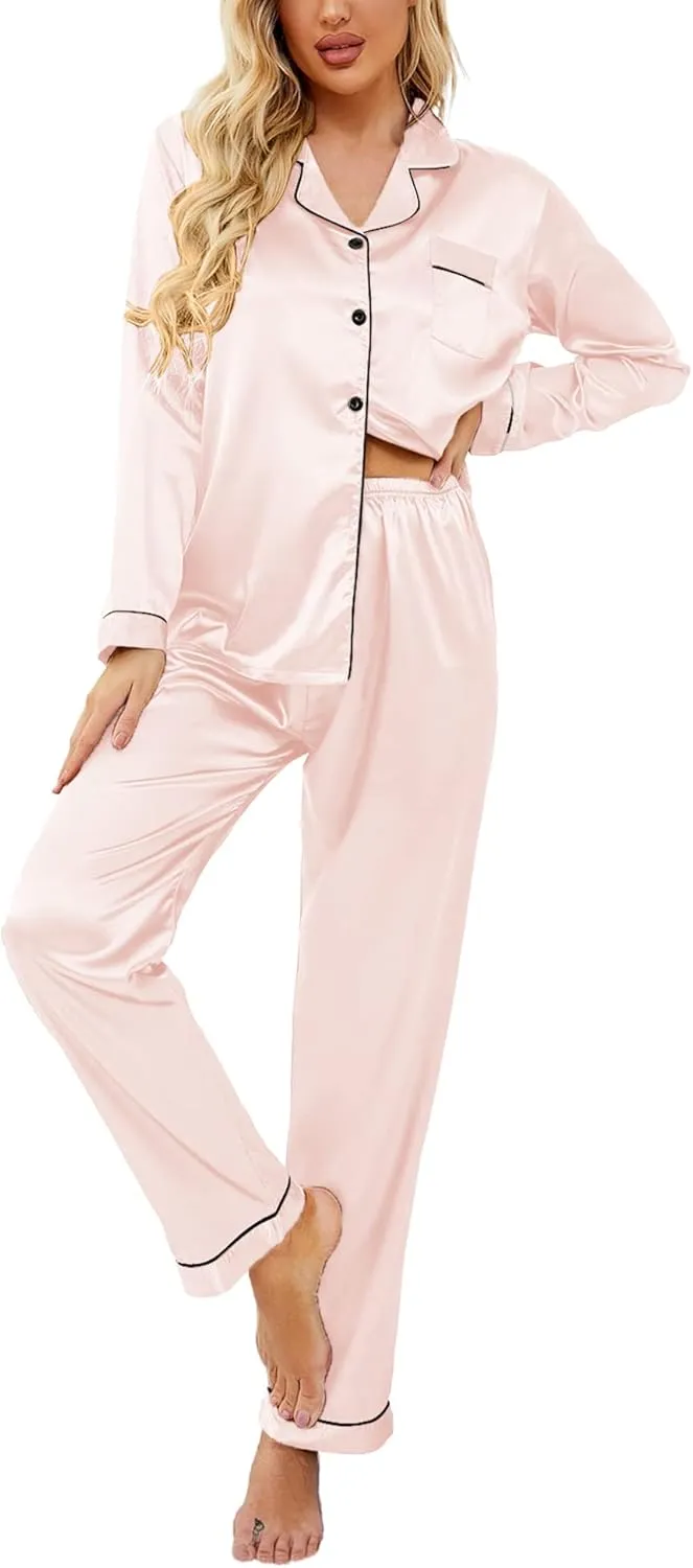 Ekouaer Women's Classic Button Down Long Satin Silk Pajama Set