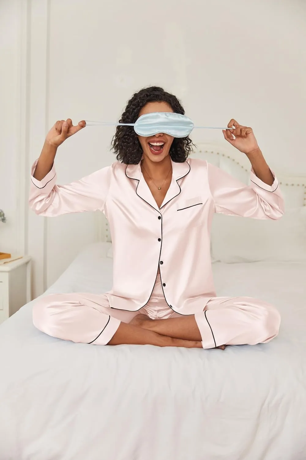 Ekouaer Women's Classic Button Down Long Satin Silk Pajama Set