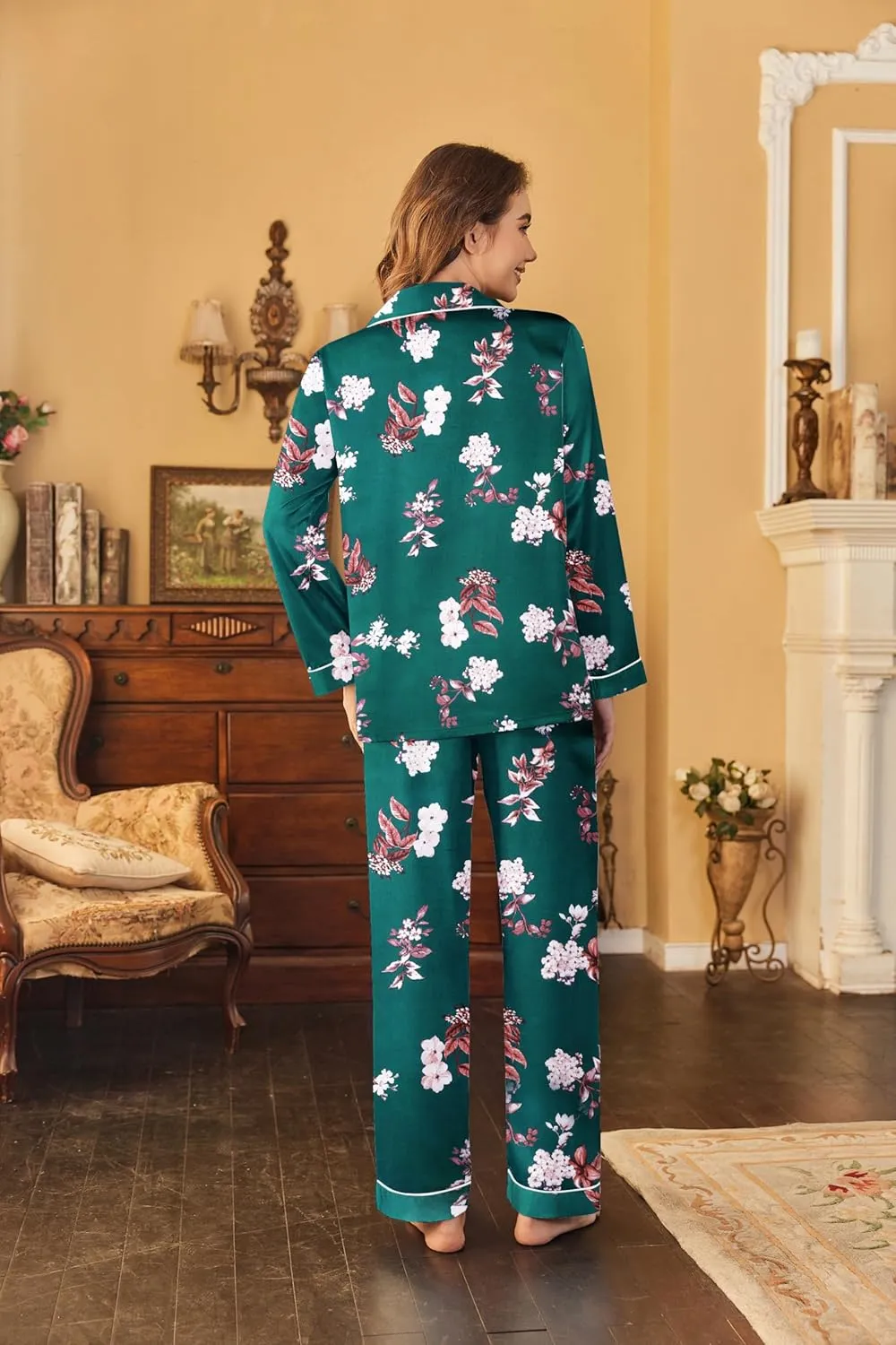 Ekouaer Women's Classic Button Down Long Satin Silk Pajama Set