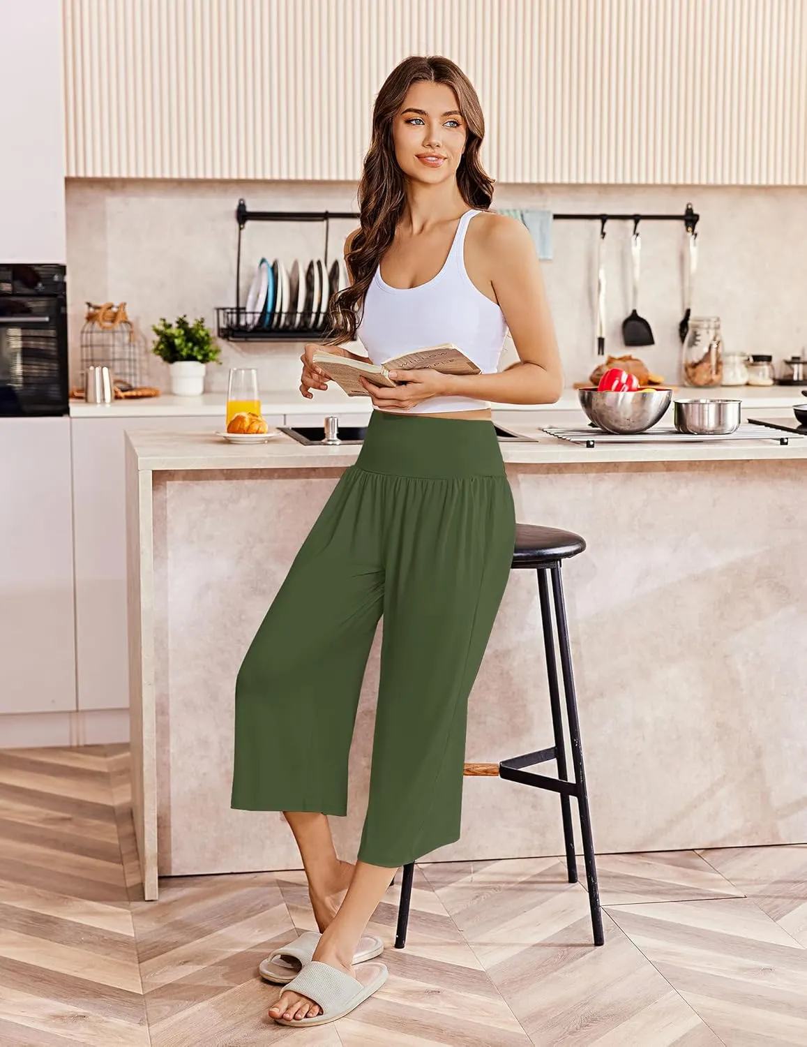Ekouaer Womens Pajama Pants Wide Leg Capri Yoga Pants Lounge Comfy Sleep Pj Bottoms with Pockets