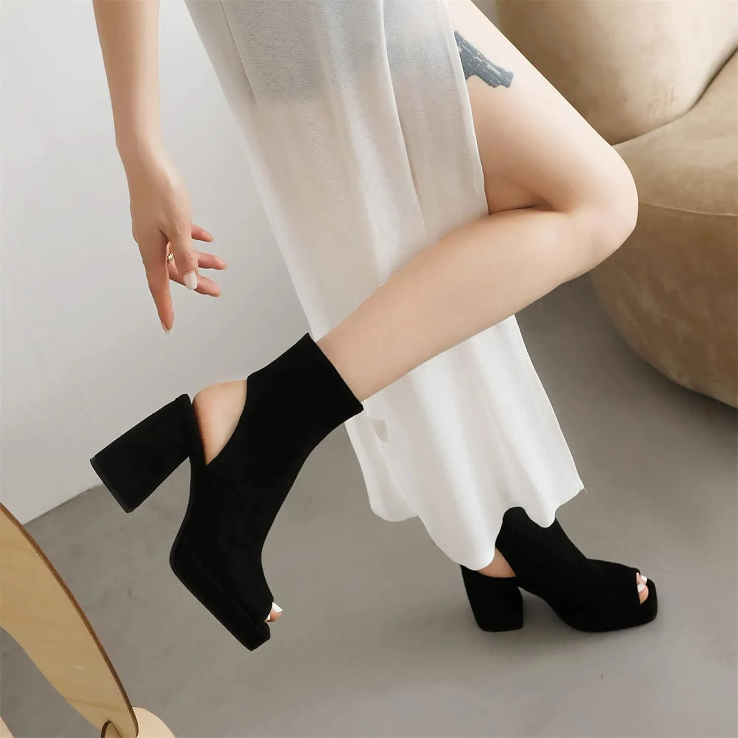 Elbslutt Women's Platform Peep Toe Sandals Chunky Heel Open Toe Booties Block Heel Ankle Boots Zip Up