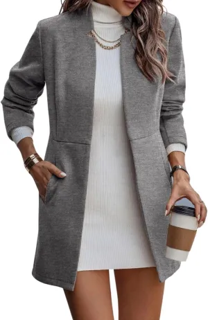ELFTOWN Women's Woolen Blend Stand Collar Open Front Cardigan Coat Mid Long Work Office Blazer Jacket Outwear with Pockets