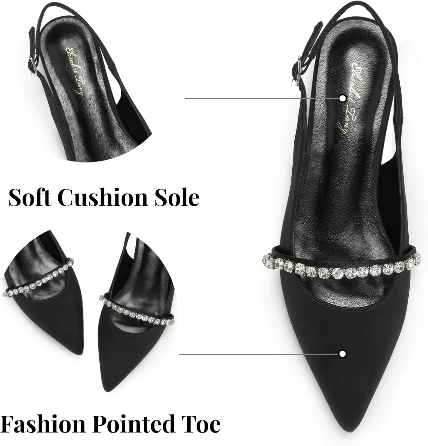 Elisabet Tang Women Slingback Flats with Rhinestone Pointed Toe Flats for Women Dressy Shoes