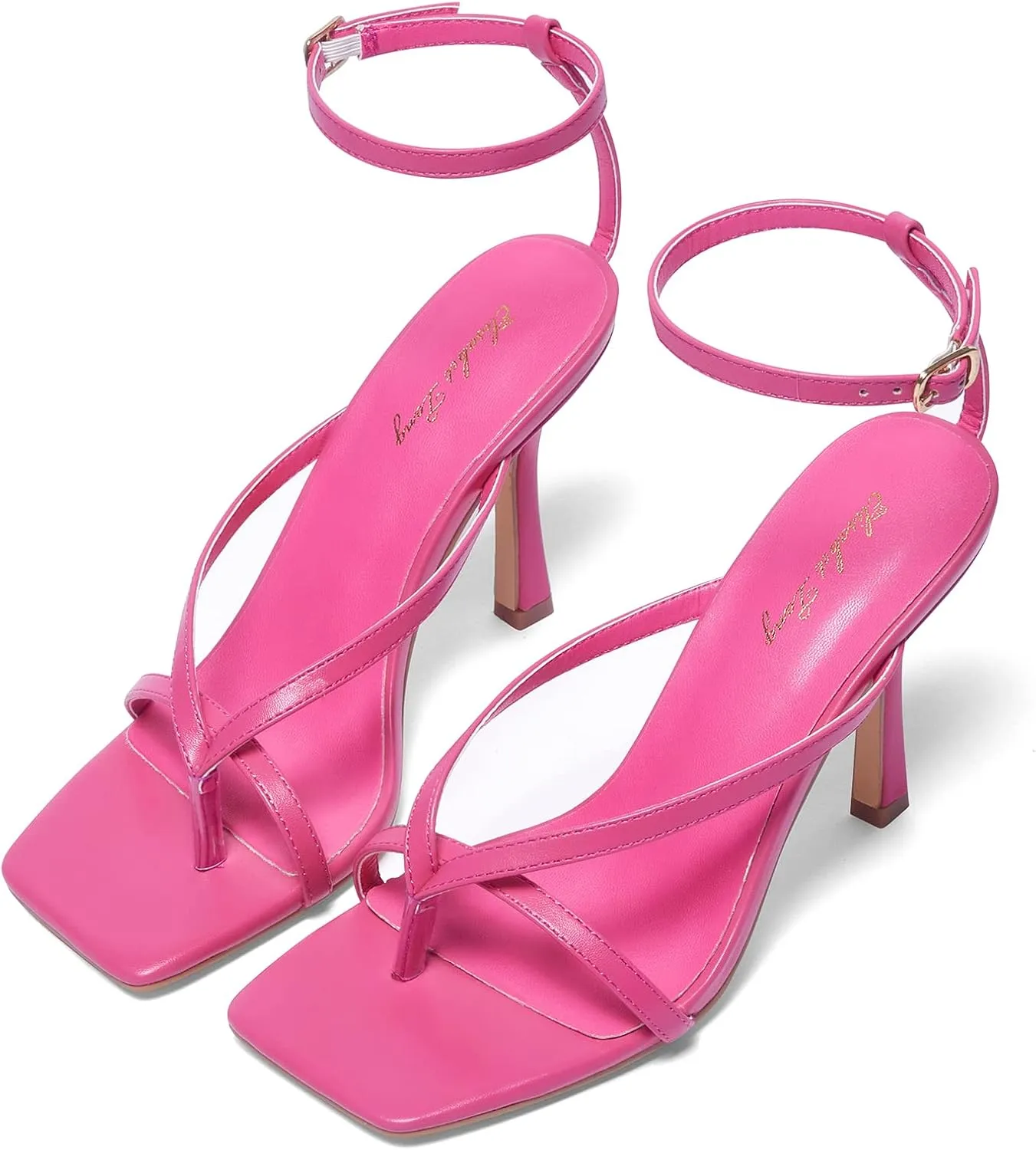 Elisabet Tang Womens Square Toe Heeled Sandals,4.3 inch Square Toe Thong Strappy Ankle Strap Stiletto Heel Sandals Wedding Dress Party Shoes
