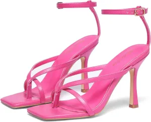 Elisabet Tang Womens Square Toe Heeled Sandals,4.3 inch Square Toe Thong Strappy Ankle Strap Stiletto Heel Sandals Wedding Dress Party Shoes