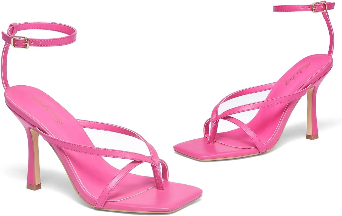 Elisabet Tang Womens Square Toe Heeled Sandals,4.3 inch Square Toe Thong Strappy Ankle Strap Stiletto Heel Sandals Wedding Dress Party Shoes