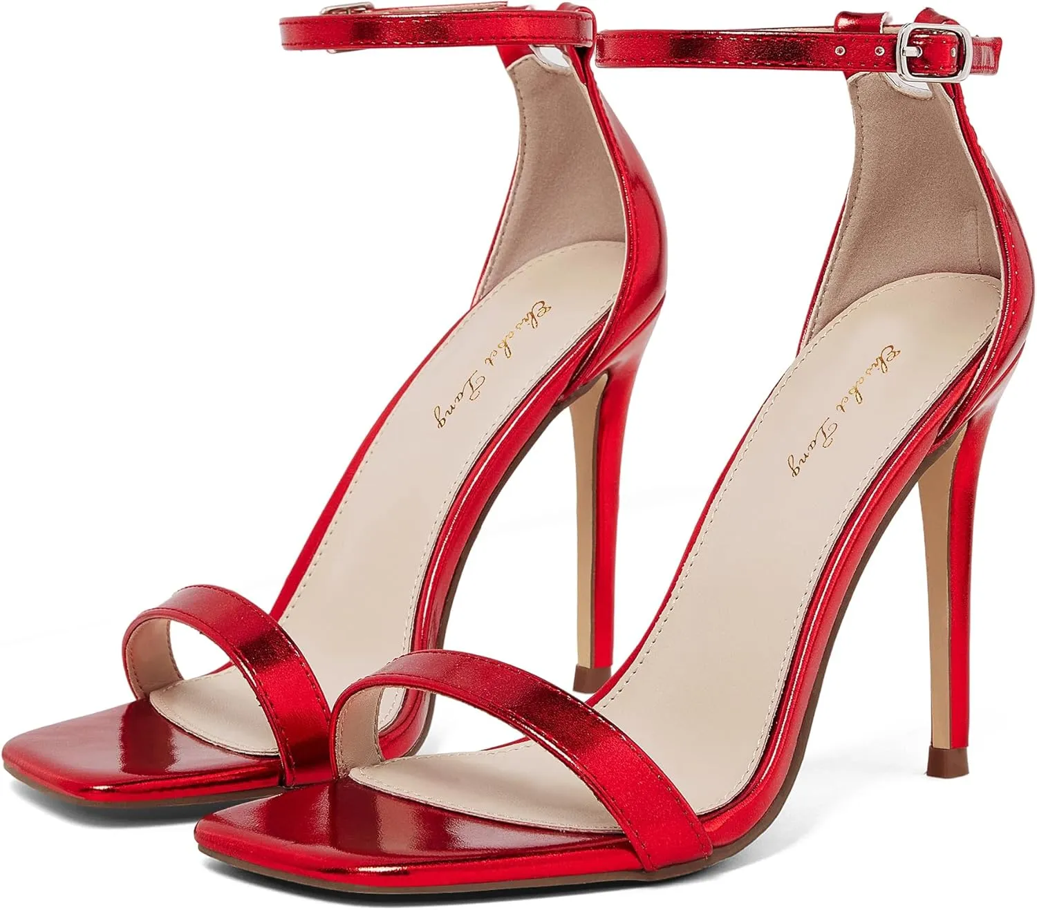 Elisabet Tang Women's Stiletto Heels Square Open Toe Ankle Strap High Heeled Sandals 4 Inch Comfort Sexy Dressy Shoes