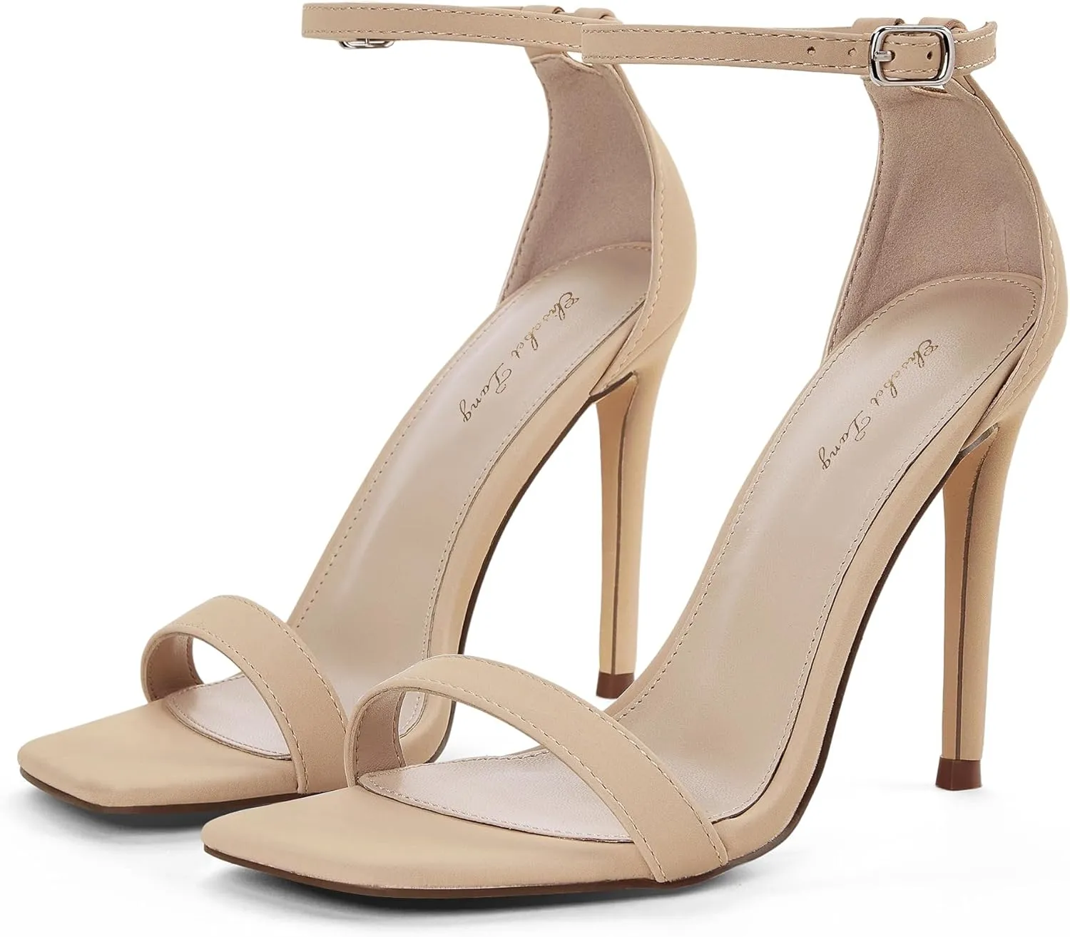 Elisabet Tang Women's Stiletto Heels Square Open Toe Ankle Strap High Heeled Sandals 4 Inch Comfort Sexy Dressy Shoes