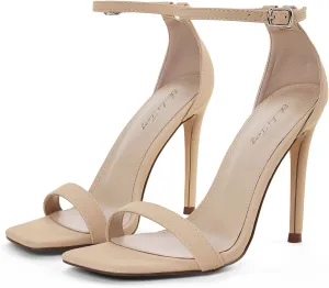 Elisabet Tang Women's Stiletto Heels Square Open Toe Ankle Strap High Heeled Sandals 4 Inch Comfort Sexy Dressy Shoes