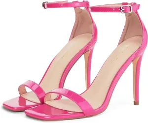 Elisabet Tang Women's Stiletto Heels Square Open Toe Ankle Strap High Heeled Sandals 4 Inch Comfort Sexy Dressy Shoes