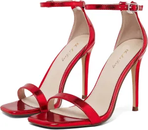 Elisabet Tang Women's Stiletto Heels Square Open Toe Ankle Strap High Heeled Sandals 4 Inch Comfort Sexy Dressy Shoes