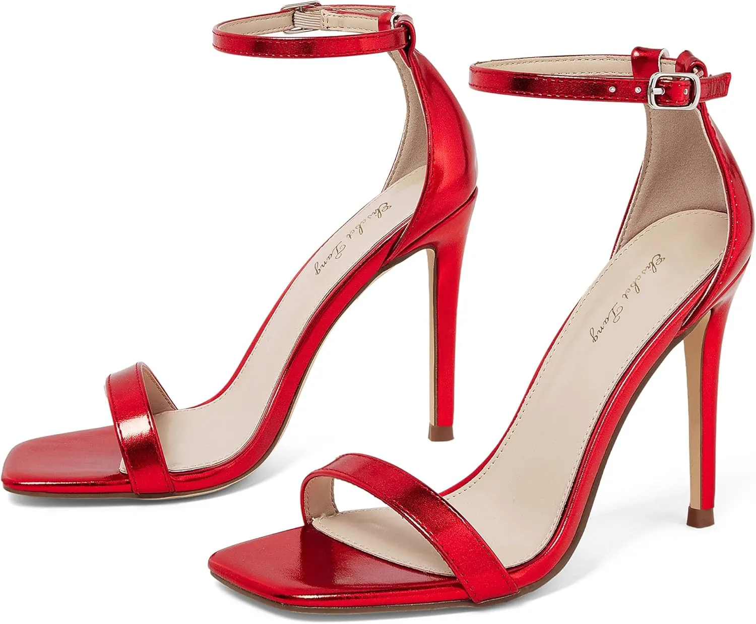 Elisabet Tang Women's Stiletto Heels Square Open Toe Ankle Strap High Heeled Sandals 4 Inch Comfort Sexy Dressy Shoes