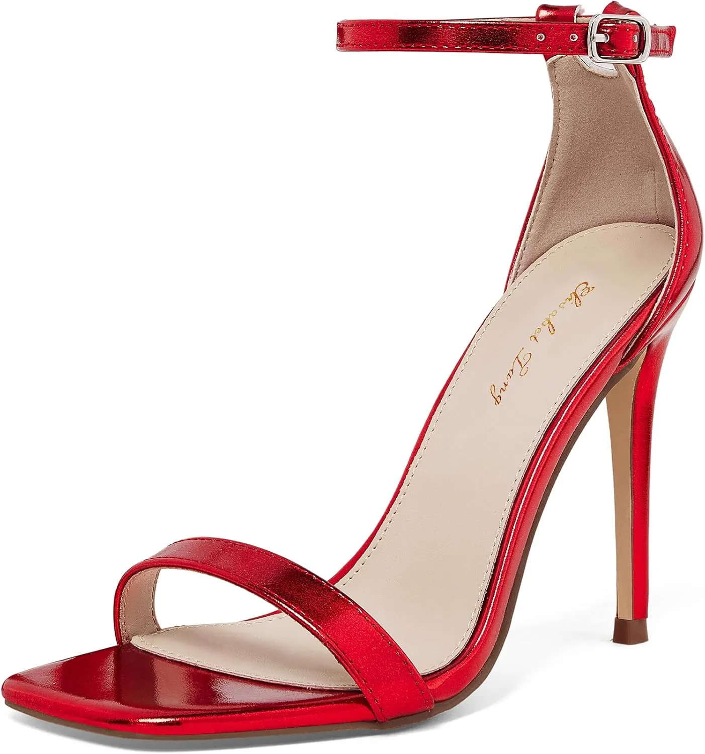 Elisabet Tang Women's Stiletto Heels Square Open Toe Ankle Strap High Heeled Sandals 4 Inch Comfort Sexy Dressy Shoes
