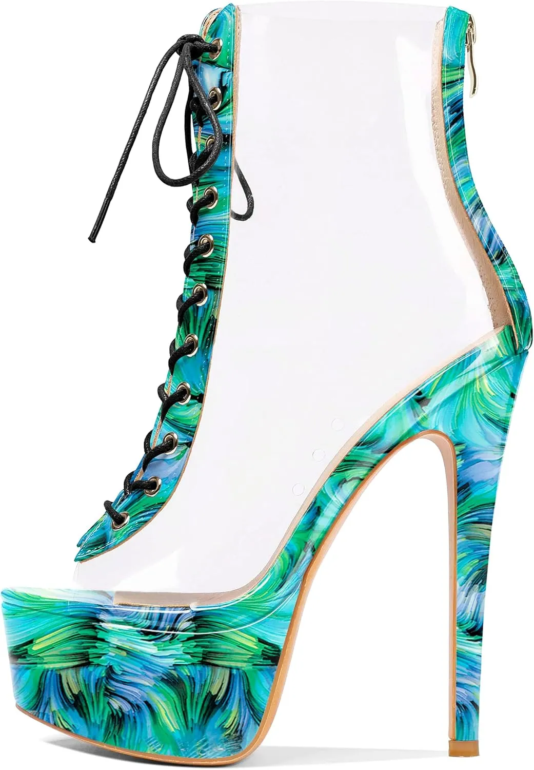 Esvowido Women's Peep Toe Platform Heels Heeled Sandals Stiletto High Heel Clear PVC Sexy Lace Up Ankle Boots