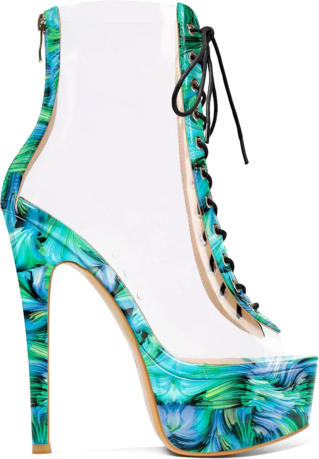 Esvowido Women's Peep Toe Platform Heels Heeled Sandals Stiletto High Heel Clear PVC Sexy Lace Up Ankle Boots
