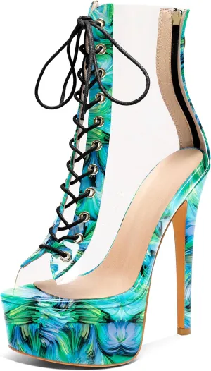 Esvowido Women's Peep Toe Platform Heels Heeled Sandals Stiletto High Heel Clear PVC Sexy Lace Up Ankle Boots
