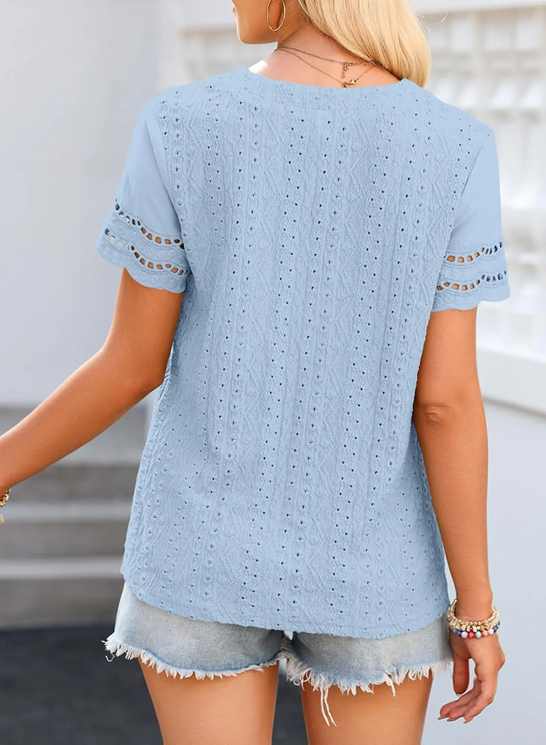 EVALESS Summer Tops for Women 2025 Short Sleeve V Neck Dressy Lace Eyelet Blouses Shirts