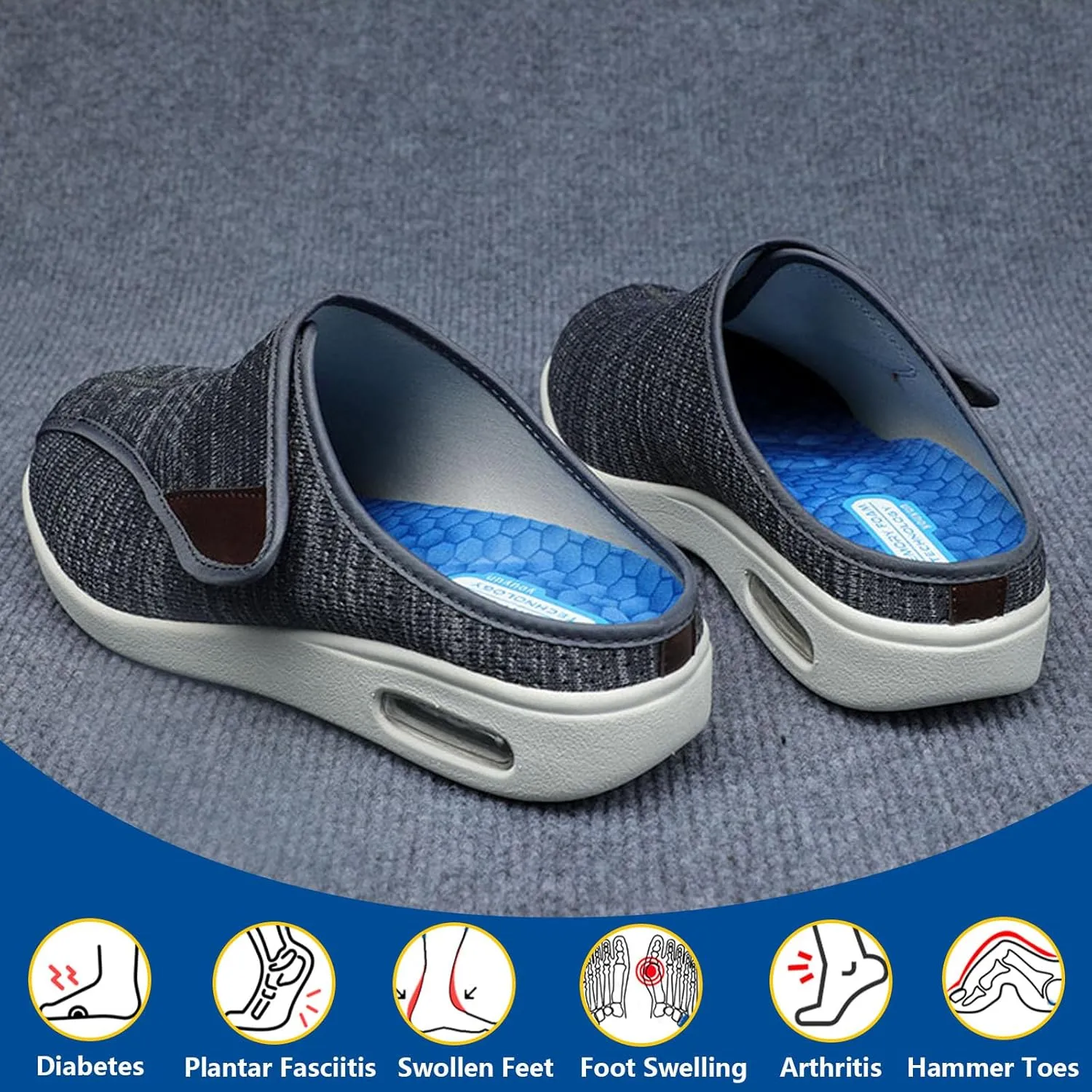 Extra Wide Walking Edema Sneakers,Wide Widths Walking Edema Slippers Adjustable Strap - Ideal for Diabetes, Edema, Plantar Fasciitis, and Swollen Feet