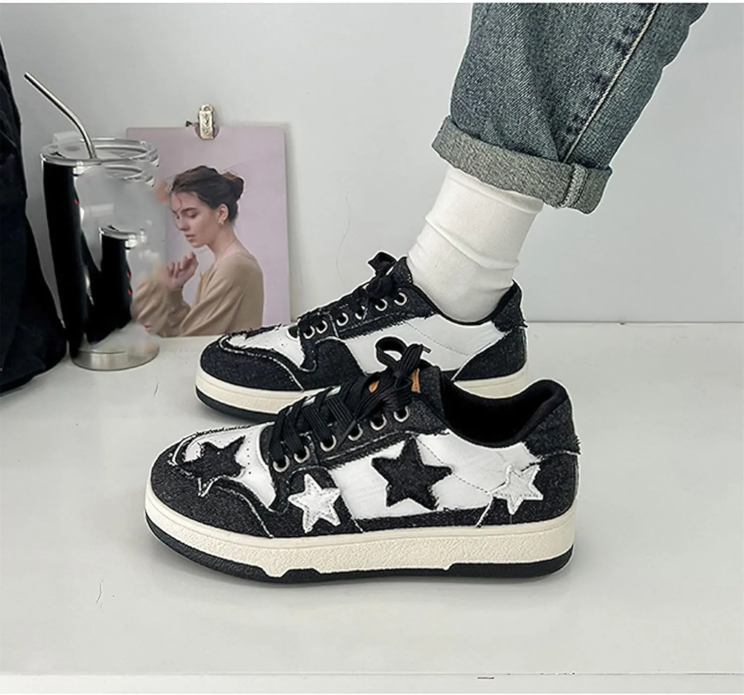 Exusiai Women's Star Chunky Shoes Fashion Cute Platform Lace-up Sneakers Y2K Breathable Dad Shoes Casual Outdoor Walking Size 5