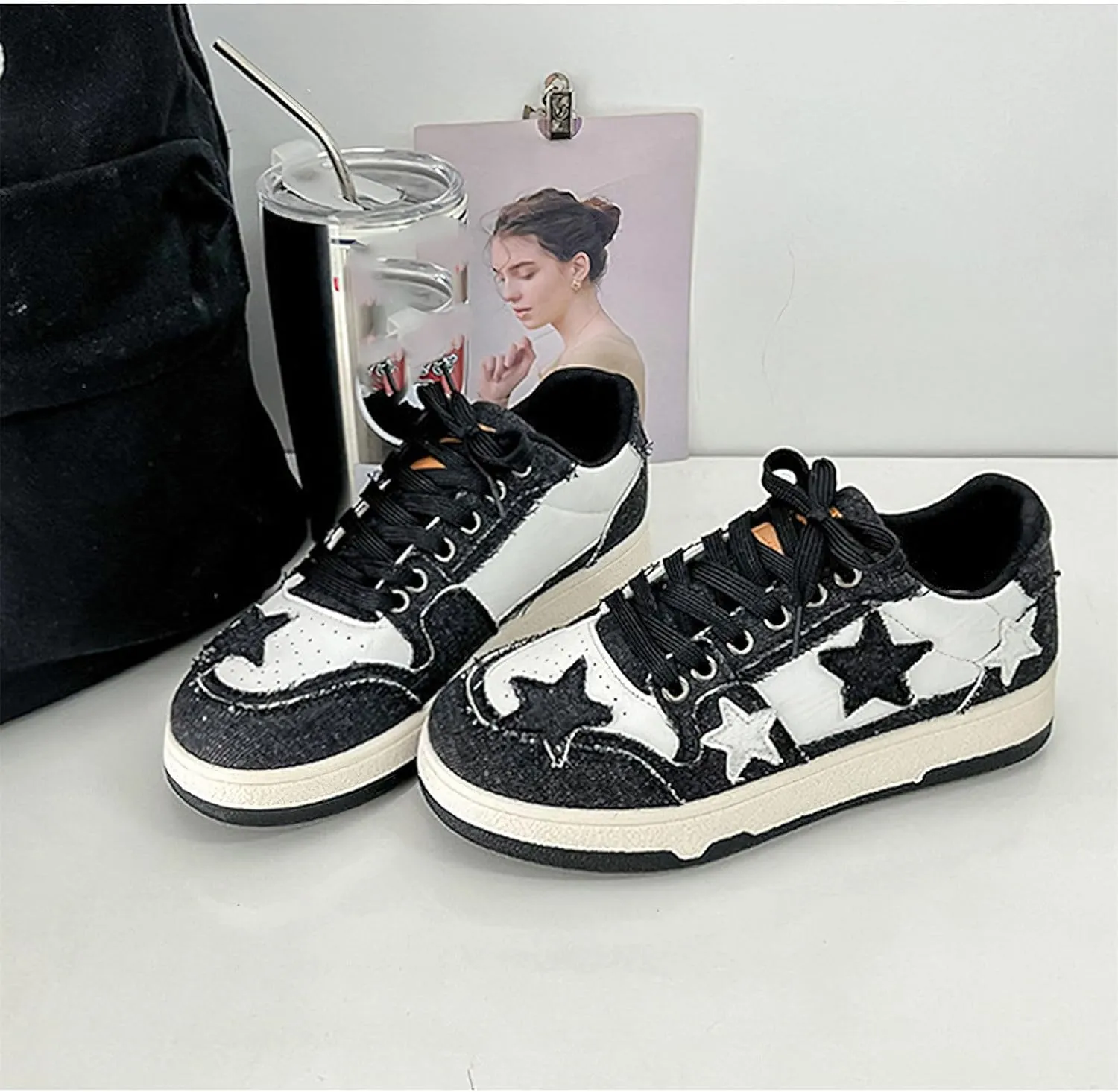 Exusiai Women's Star Chunky Shoes Fashion Cute Platform Lace-up Sneakers Y2K Breathable Dad Shoes Casual Outdoor Walking Size 5