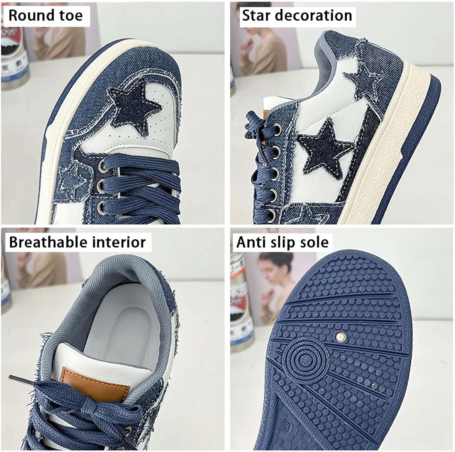 Exusiai Women's Star Chunky Shoes Fashion Cute Platform Lace-up Sneakers Y2K Breathable Dad Shoes Casual Outdoor Walking Size 5