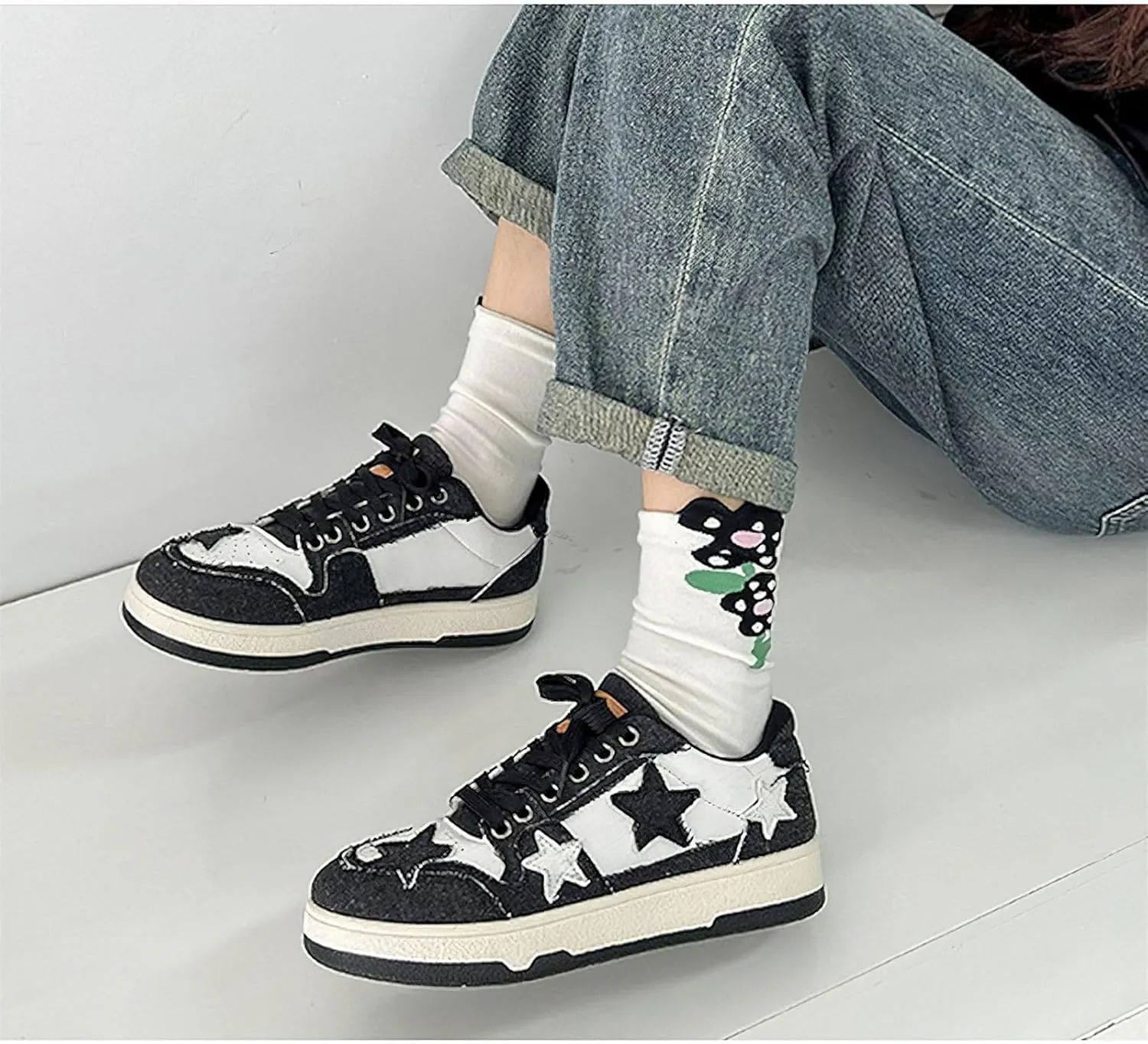 Exusiai Women's Star Chunky Shoes Fashion Cute Platform Lace-up Sneakers Y2K Breathable Dad Shoes Casual Outdoor Walking Size 5