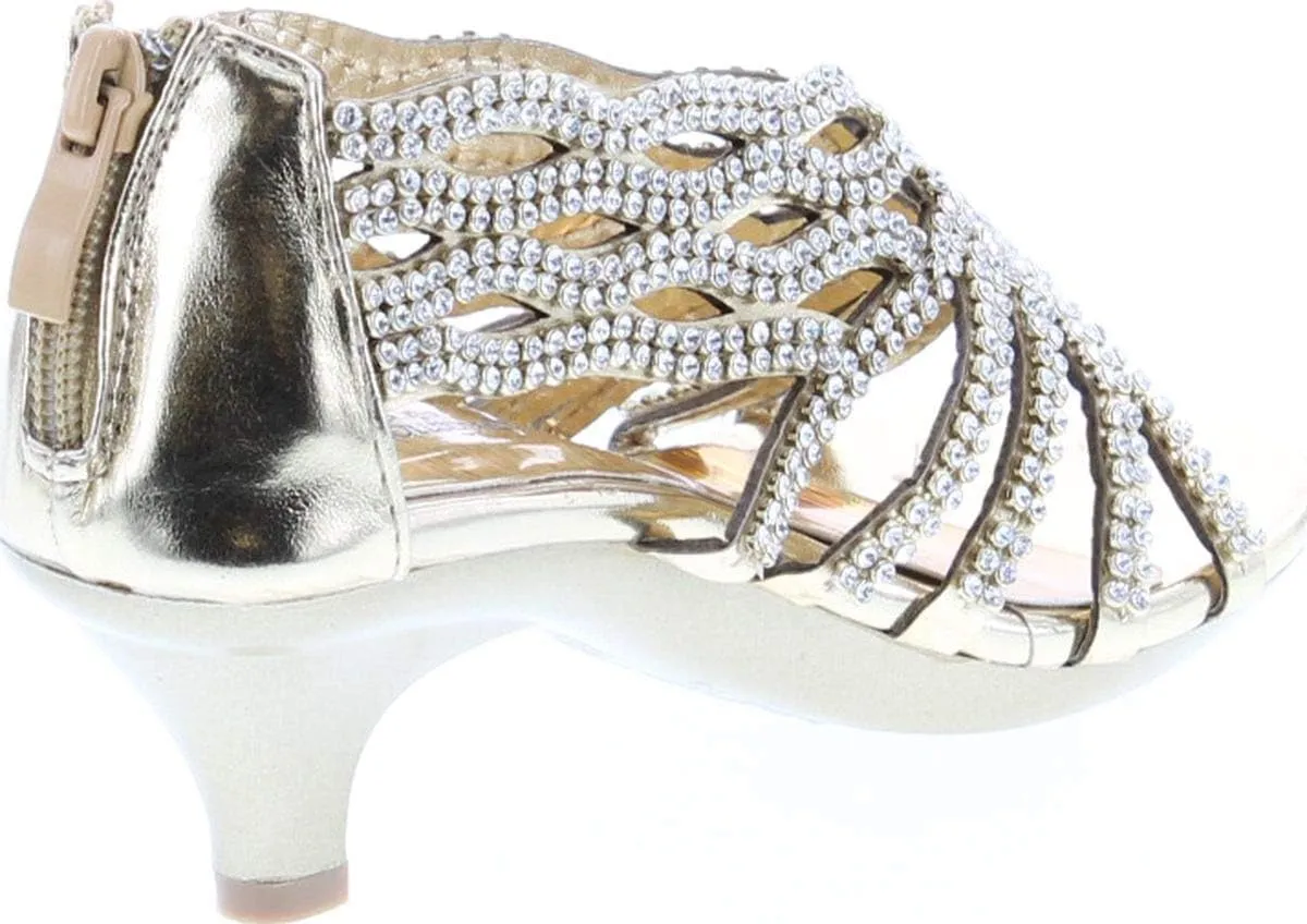 Fabulous Angel76 Kids Rhinestone Cut Out Starppy Platform Low Heel Dress Sandals