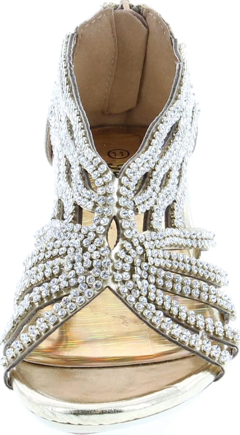 Fabulous Angel76 Kids Rhinestone Cut Out Starppy Platform Low Heel Dress Sandals