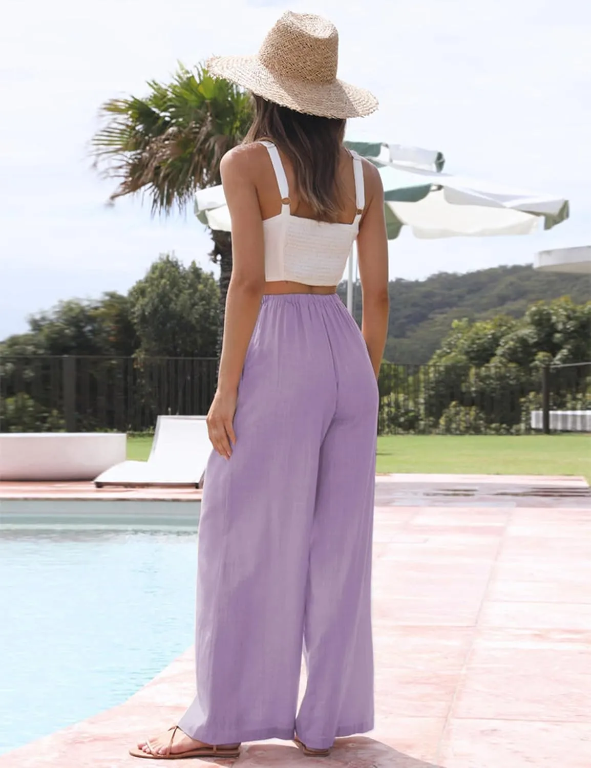 Faleave Women's Cotton Linen Summer Palazzo Pants Flowy Wide Leg Beach Trousers with Pockets