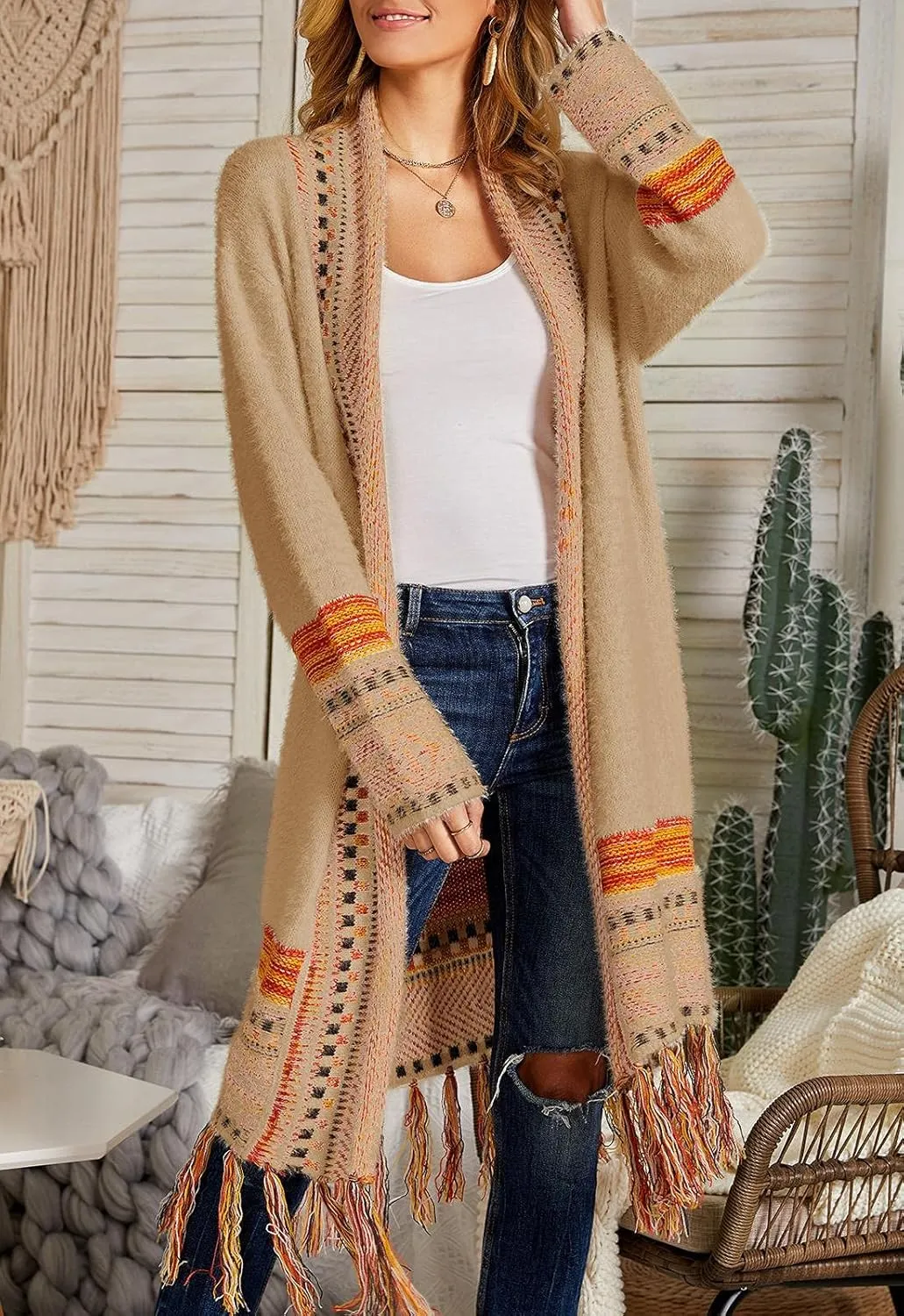 FERBIA Women Boho Cardigan Sweater Long Open Front Maxi Knit Sweaters Aztec Tribal Tassel Fringe Thin Coat
