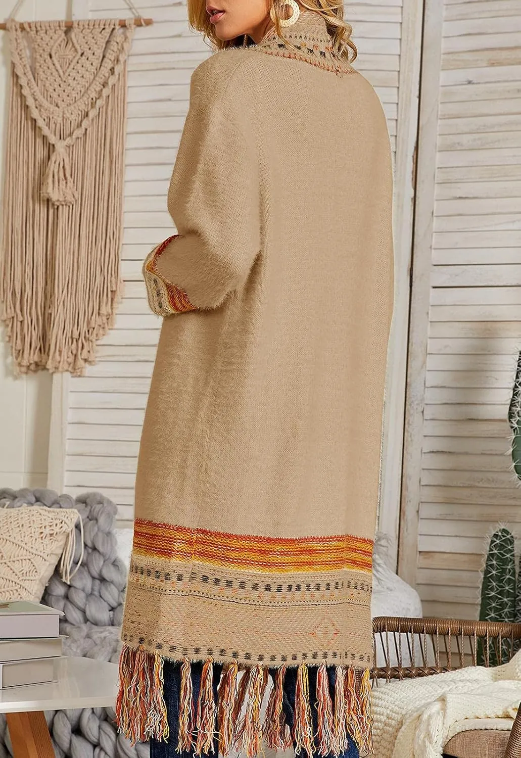 FERBIA Women Boho Cardigan Sweater Long Open Front Maxi Knit Sweaters Aztec Tribal Tassel Fringe Thin Coat