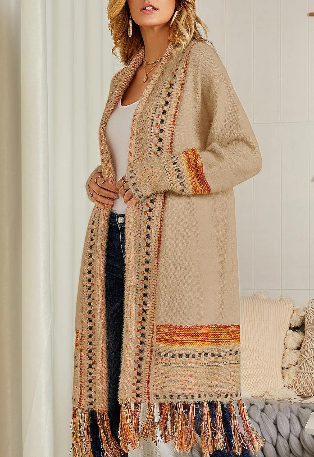 FERBIA Women Boho Cardigan Sweater Long Open Front Maxi Knit Sweaters Aztec Tribal Tassel Fringe Thin Coat
