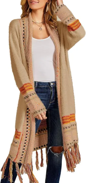 FERBIA Women Boho Cardigan Sweater Long Open Front Maxi Knit Sweaters Aztec Tribal Tassel Fringe Thin Coat