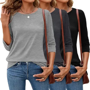 Ficerd 3 Pack 3/4 Sleeve Tops for Women Round Neck Dressy Basics Tees Casual Trendy Loose Fit T Shirts