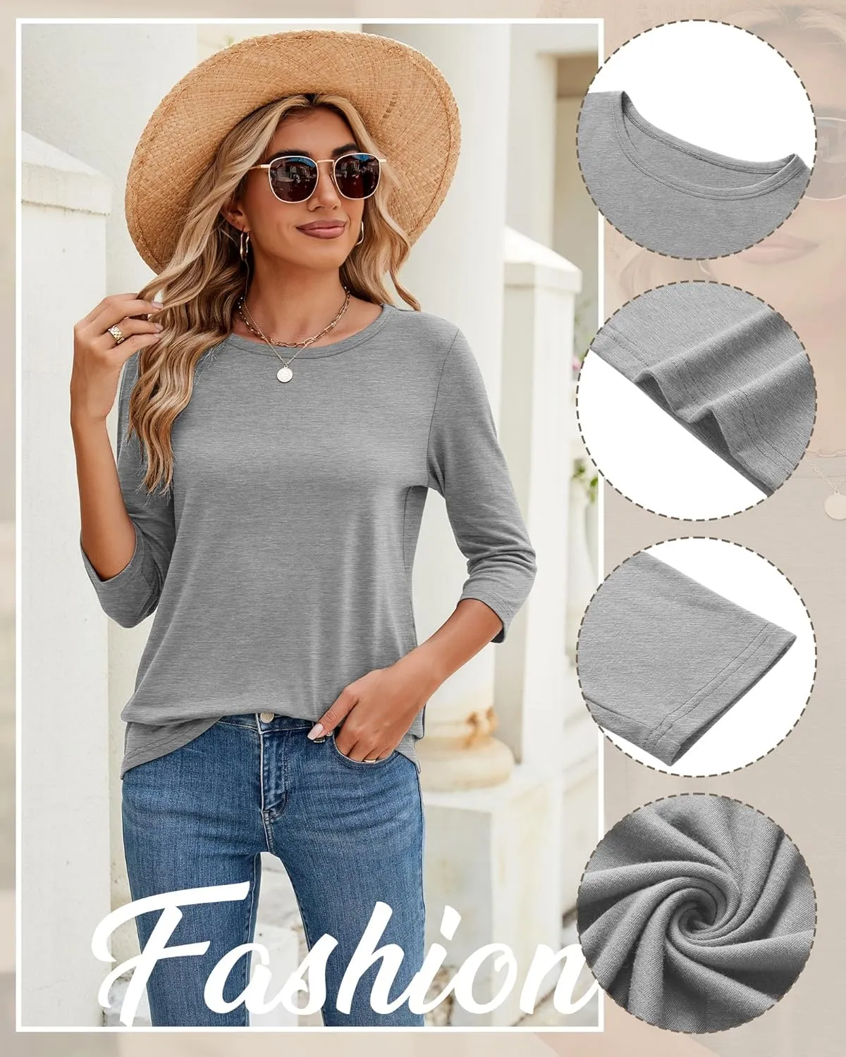 Ficerd 3 Pack 3/4 Sleeve Tops for Women Round Neck Dressy Basics Tees Casual Trendy Loose Fit T Shirts
